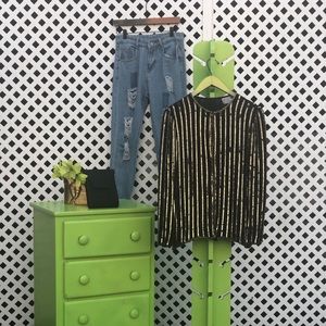 Black and Gold Vertical Lined Sequins Top